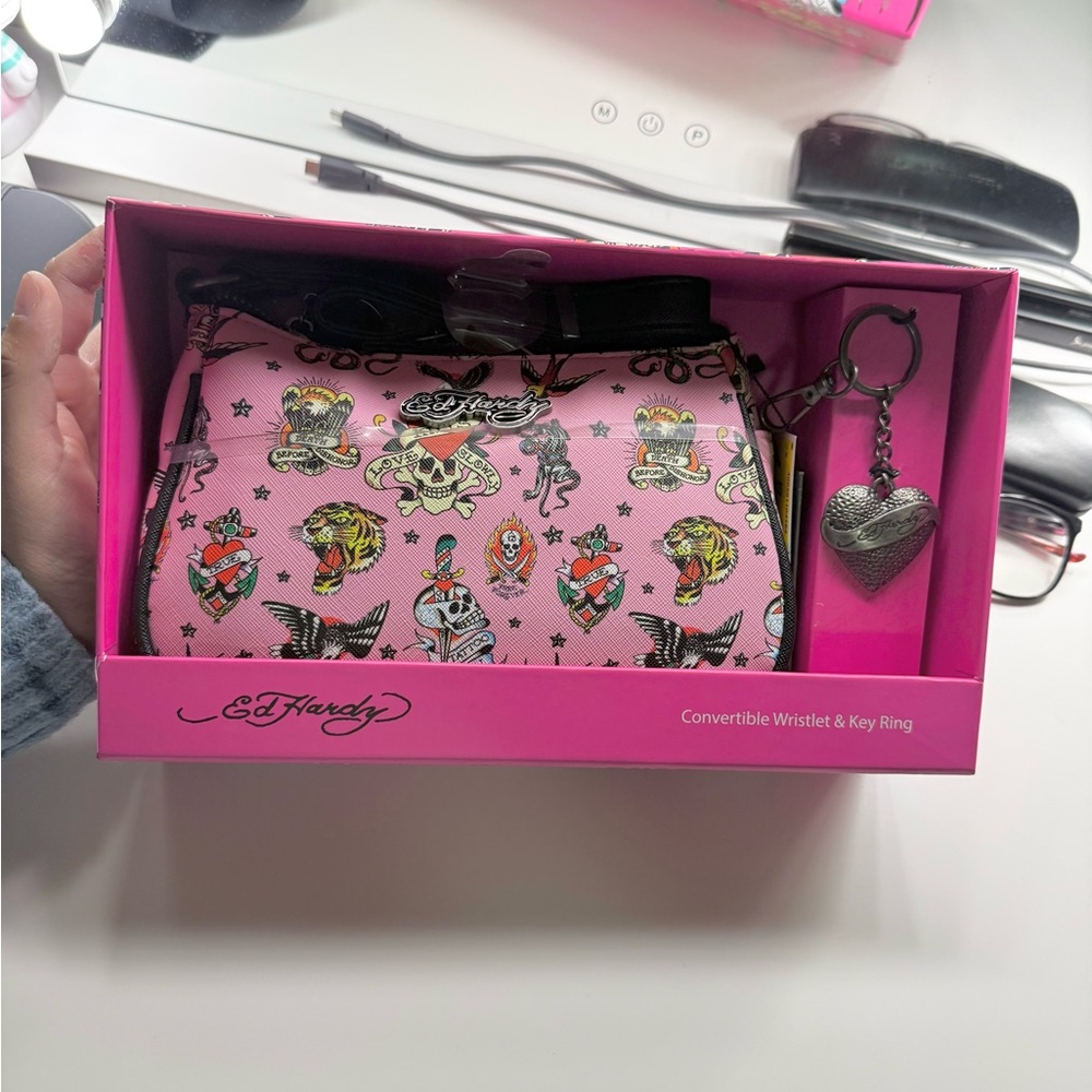Ed Hardy Pink Convertible Wristlet W/ Key Ring